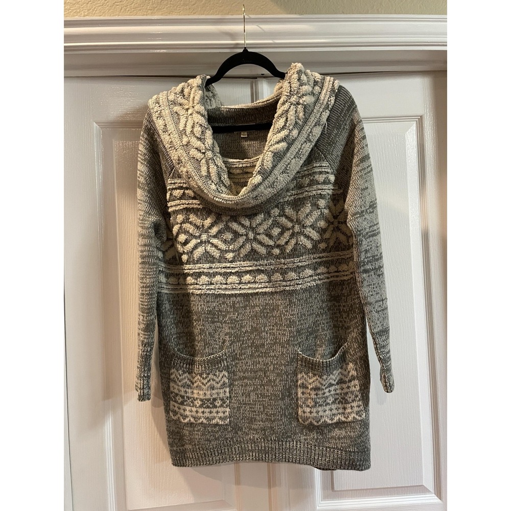 Umgee Sweater Tunic Womens Small Gray Fair Isle Cowl Neck Pockets Winter Knit